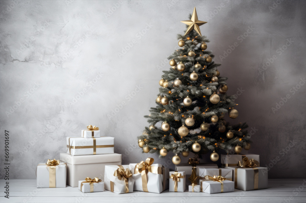 Christmas tree with gifts and presents in grunge interior. Copy-space on concrete wall