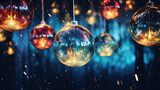 Glowing Christmas baubles, glass balls with lights reflections at night