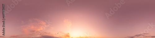 Bright sunset sky panorama with glowing red pink Cumulus clouds. HDR 360 seamless spherical panorama. Sky dome or zenith in 3D, sky replacement for aerial drone panoramas. Climate and weather change.