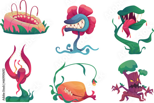 Monster plants. Fantasy scary plants with big mouth with teeth exact vector fairytale illustrations in cartoon style