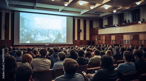 Conference in a university auditorium with a large screen on the wall