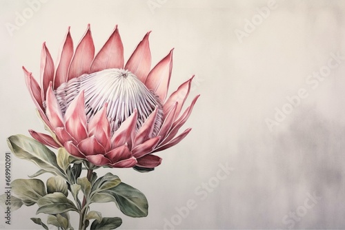 Realistic watercolor depiction of a pink protea flower against a gray background. Generative AI