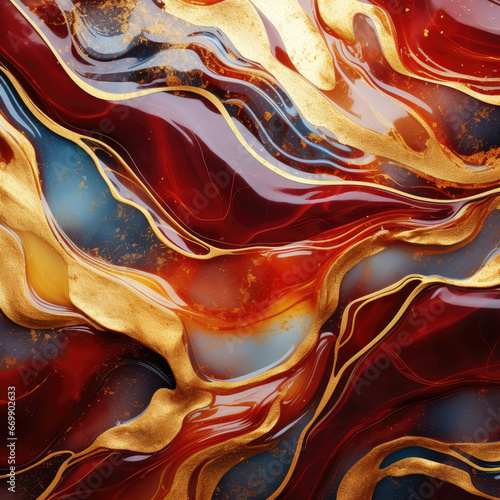 Abstract gold and red resin waves background, ai texture photo