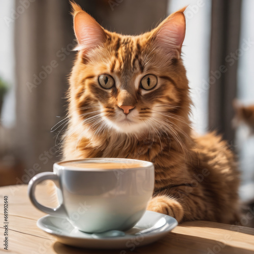 a wonderful, cute cat and a cup of coffee next to her. whose ambiance is warm and homely