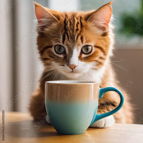 a wonderful, cute cat and a cup of coffee next to her. whose ambiance is warm and homely
