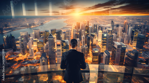 Man in suit overlooks city from high building, sunset, skyscrapers, river view