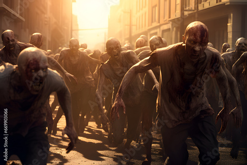 Group of zombies running on city street at sunset or sunrise. Neural network generated image. Not based on any actual person or scene.