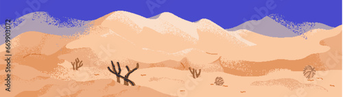 Desert, sand dunes and sky background. Dry nature landscape, empty sandy hill...