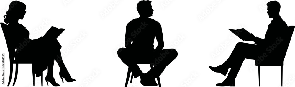 Fototapeta premium Vector silhouette of a man sitting on a chair reading a book, showing calm, focus, and relaxation in minimal black outline style, ideal for education and lifestyle themes. AI generated illustration.