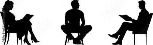 Vector silhouette of a man sitting on a chair reading a book, showing calm, focus, and relaxation in minimal black outline style, ideal for education and lifestyle themes. AI generated illustration.