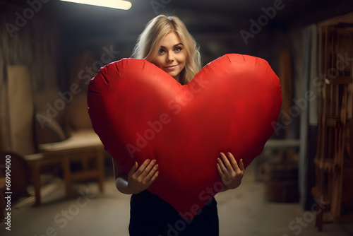Caucasian young adult blonde woman holding big red heart indoors. Not based on any actual person, or scene