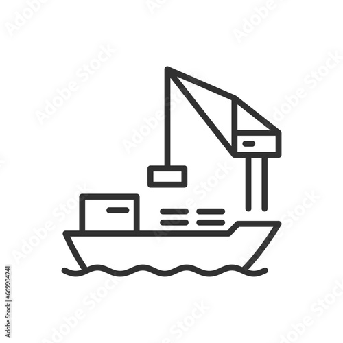 Loading cargo on a tanker, linear icon. Cargo crane and tanker. Line with editable stroke