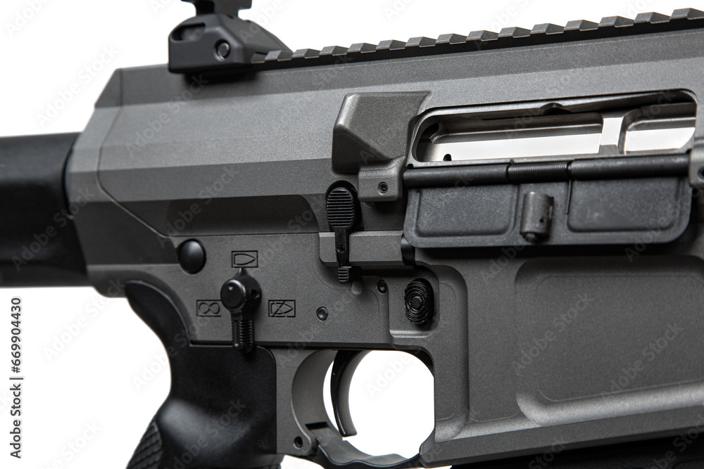 Modern automatic rifle isolated on white. Weapons for police, special forces and the army. Automatic carbine with mechanical sights. Modern automatic rifle isolated on white. Weapons for police, special forces and the army. Automatic carbine with mechanical sights.