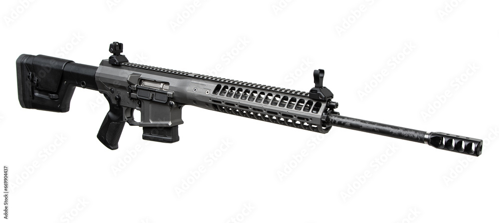 Modern automatic rifle isolated on white. Weapons for police, special forces and the army. Automatic carbine with mechanical sights.