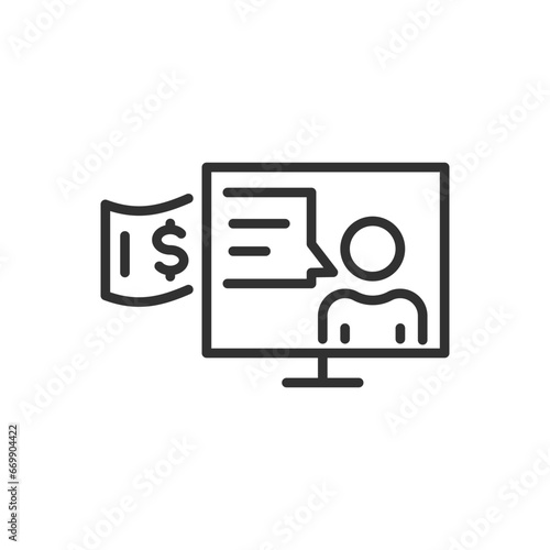 Paid Media, linear icon. bribed media, Man speaks for money. Line with editable stroke