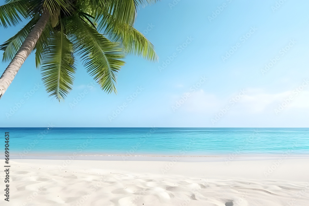tropical beach view at sunny day with white sand, turquoise water and palm tree. Neural network generated image. Not based on any actual scene or pattern.