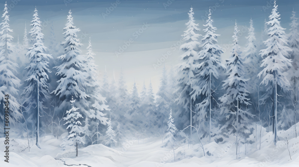 Transport viewers to a tranquil winter forest with tall pine trees adorned by detailed snowflakes, creating a serene woodland scene for your snowflakes background.