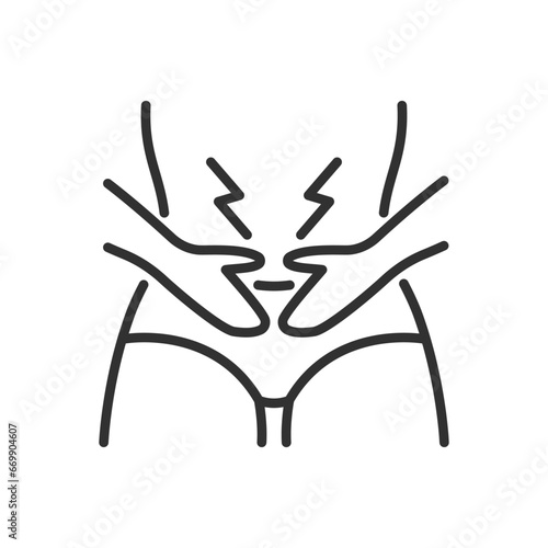 Pain in the belly, linear icon, Menstruation. Line with editable stroke