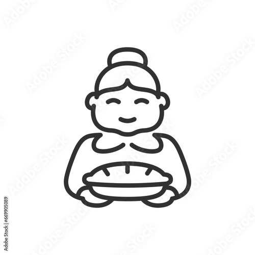 Old woman with a pie, linear icon. An old woman, a grandmother baked a pie. Line with editable stroke