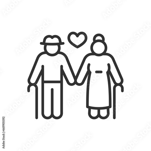 Old couple, linear icon. An old man and an old woman holding hands. Line with editable stroke
