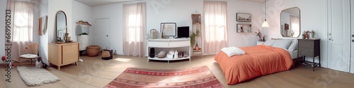 panorama of large traditional furnished bedroom , generated by AI