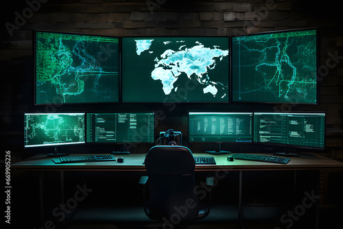 Advanced control room, large screens, world map, data displays, chair, desk, dark atmosphere, high-tech, green glow photo