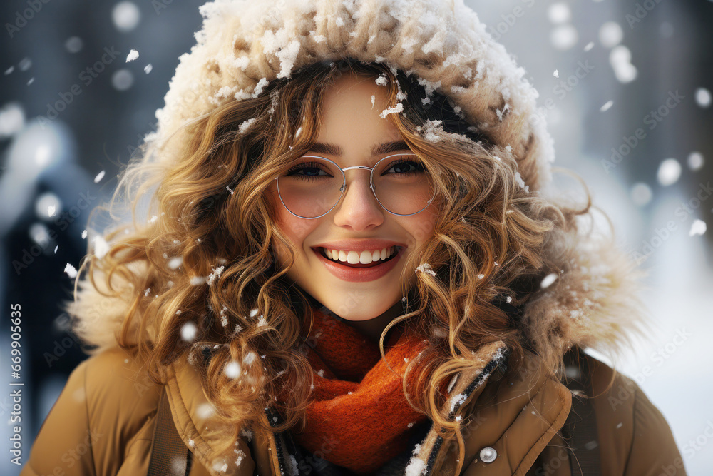 Portrait of a beautiful smiling satisfied young girl with curly hair wearing glasses outdoors in winter time Portrait of a beautiful smiling satisfied young girl with curly hair wearing glasses outdoors in winter time