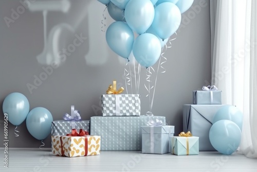 Birthday party with balloons, gifts, and number 7 decoration. Generative AI