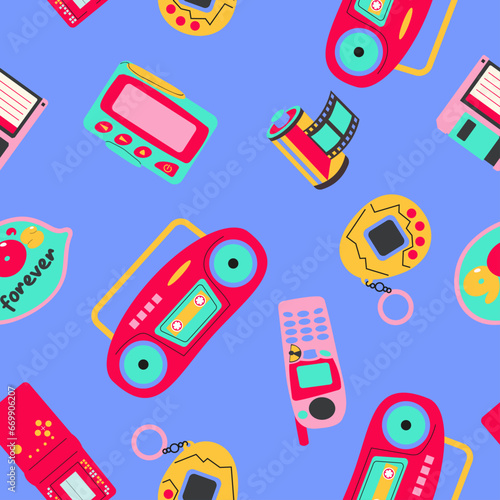 Classic 80s-90s elements in modern style flat, line style. Fashion seamless pattern.Hand drawn vector illustration.