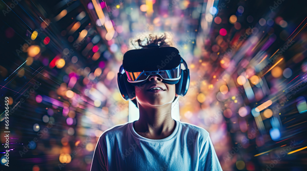 Child wearing virtual reality headset and looking at digital space. Child wearing virtual reality headset and looking at digital space.