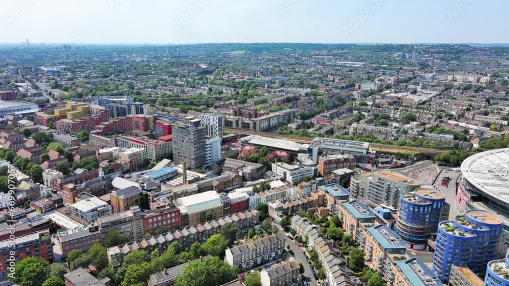 London, England: Aerial view of capital city of UK, Borough of Islington on sunny summer day with clear blue sky - landscape panorama of United Kingdom from above London, England: Aerial view of capital city of UK, Borough of Islington on sunny summer day with clear blue sky - landscape panorama of United Kingdom from above