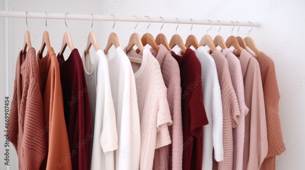 Cozy comfortable fashionable wardrobe, knitted cardigans hanging on a hanger Cozy comfortable fashionable wardrobe, knitted cardigans hanging on a hanger