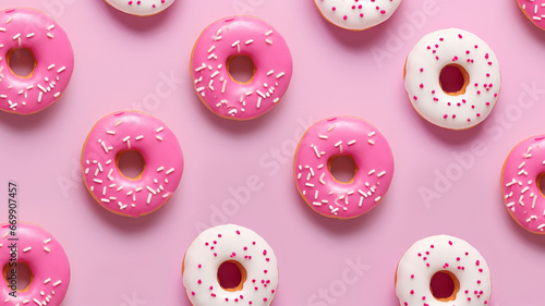 tasty glazed donuts on pink background