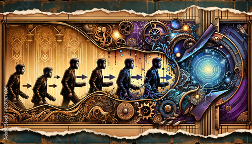 Magnifique illustration steampunk représentant une transition d'hommes marchant depuis un environnement mécanique orné vers un univers cosmique vibrant. Les éléments dorés contrastent avec des couleur photo