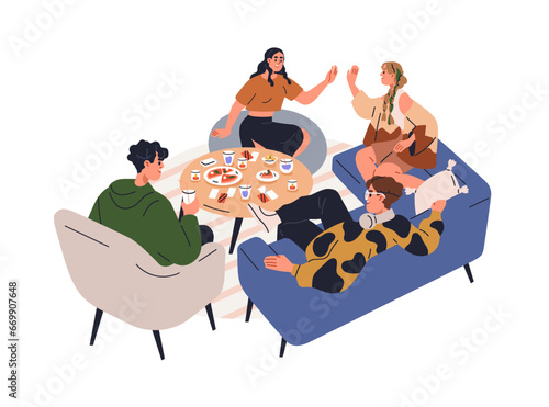 Friends gather together for home dinner. Happy people sitting on couches, relaxing at table with food, eating, talking at leisure time. Flat graphic vector illustration isolated on white background