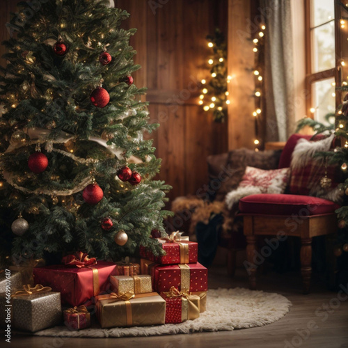 Light garland Christmas tree decor presents new year night interior