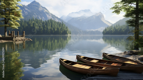 mountain lake and wooden boat