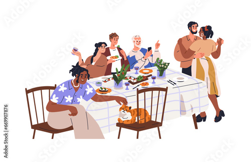 People gathering together at table, celebrating holiday. Happy friends at festive dinner, eating food, talking, having fun, hanging out. Flat graphic vector illustration isolated on white background