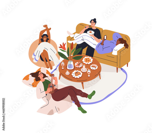 Girls friends gathering, relaxing together at home. Happy women at hen party, resting on couch, sofa, eating food, drinking, talking. Flat graphic vector illustration isolated on white background