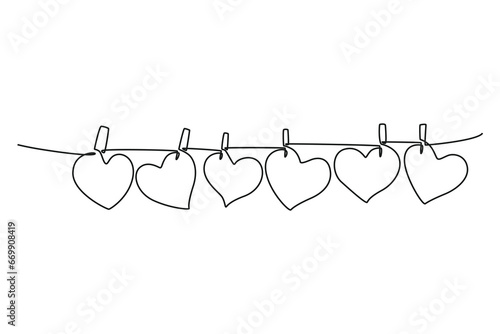 Continuous one line drawing cute heart shape paper hanged on the rope with clothesline. Romantic relationship love marriage greeting card concept. Single line draw design vector graphic illustration