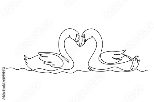 Single continuous line drawing of cute swans couple swimming on lake and their heads formed romantic heart shape. Romantic animal love concept. Dynamic one line draw graphic design vector illustration
