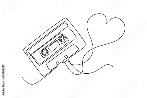Single continuous line drawing creative retro and vintage cassette tape ribbon formed heart love shaped. Romantic musical wedding invitation concept. One line draw graphic design vector illustration