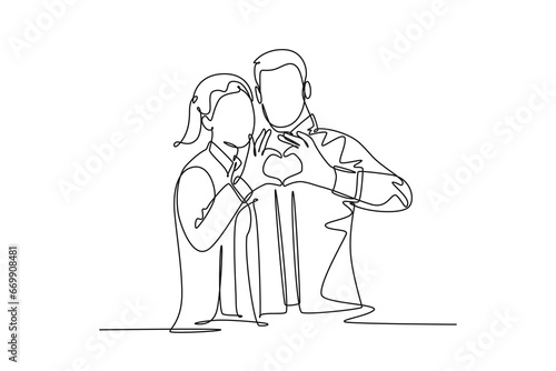Single continuous line drawing young happy man and woman couple hands forming cute heart shape together. Romantic engaged anniversary concept. Dynamic one line draw graphic design vector illustration