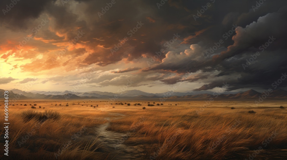 Today at 1-03 AM thundercloud, looming storm, western plains, high grass, photorealistic, 8k - obrazy, fototapety, plakaty 