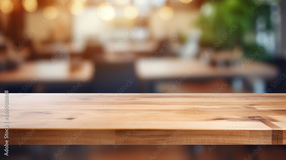 wooden kitchen table with blurred background