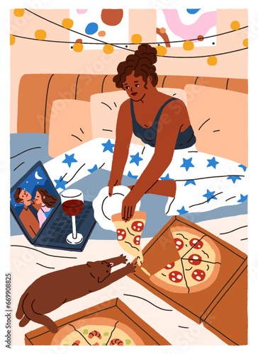 Girl watching movie on laptop, relaxing and eating pizza in bed. Black woman ...