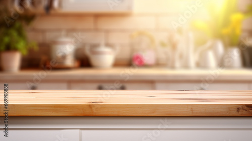 wooden kitchen table with blurred background