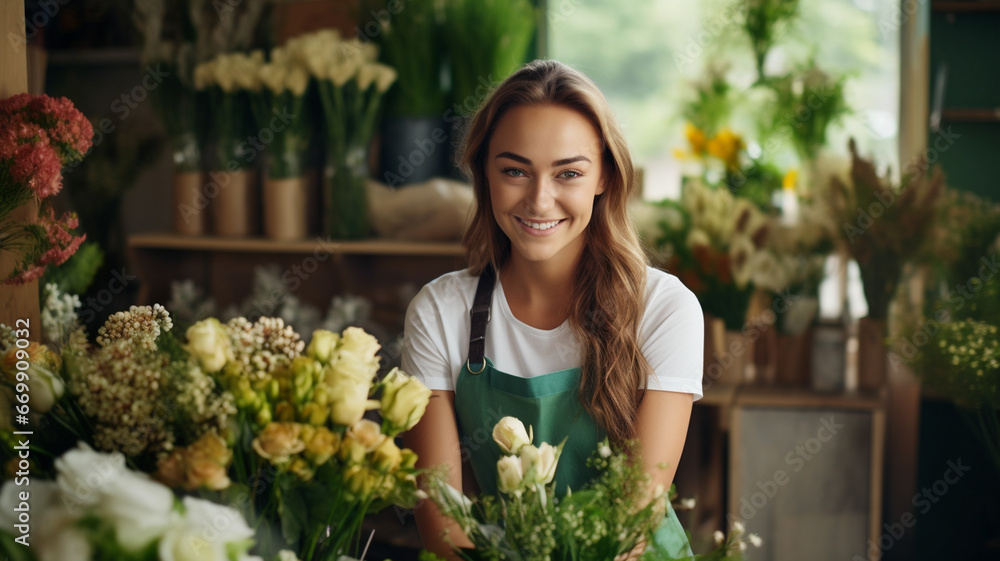 Portrait of a smiling young florist in a flower shop