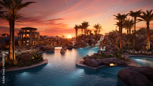 Arizona resort with pool during sunset