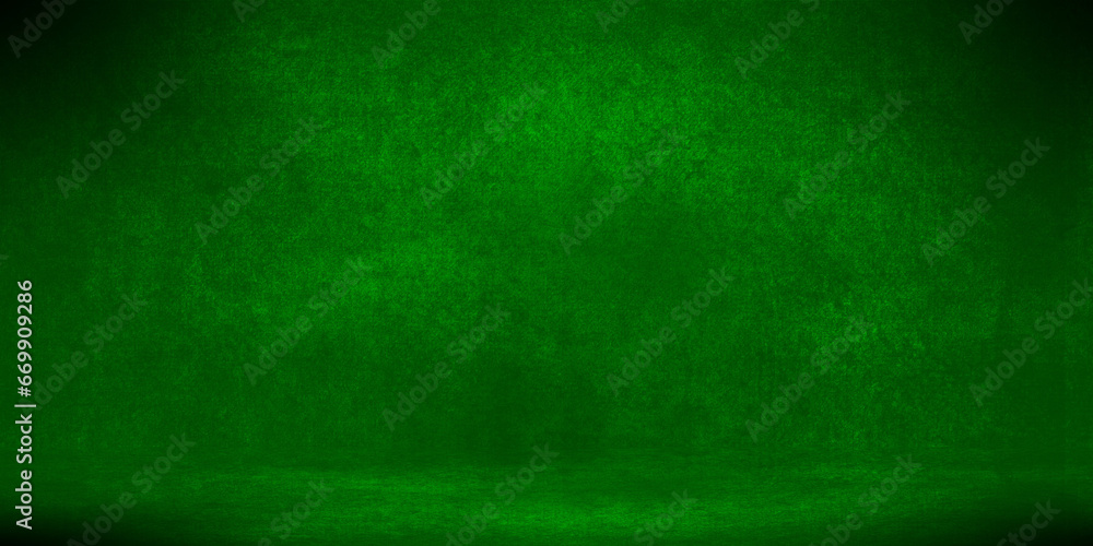 photo background green. textured wall rolling in the floor. studio photography background illuminated by the directed light Traditional painted canvas or muslin fabric cloth studio backdrop - obrazy, fototapety, plakaty 